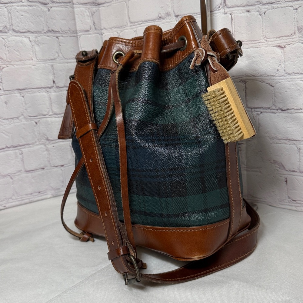 Vintage Polo Rally Lauren Plaid Brown Leather Crossbody Bucket Bag w/Luggage Tag - Picture 4 of 15
